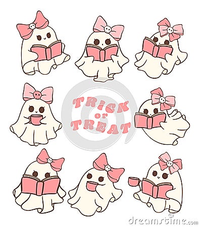 adorable pink Halloween ghosts in a retro, kawaii cartoon style collection Vector Illustration