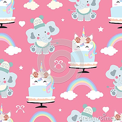 Adorable pink seamless pattern with rainbow,unicorn cake,heart,elephant and ribbon Vector Illustration