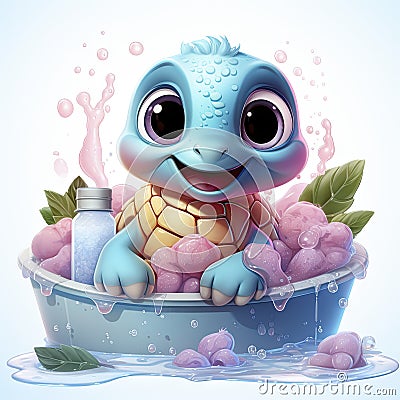 Adorable pink turtle in water, surrounded by bubbles and plants, with a playful and whimsical expression. Stock Photo