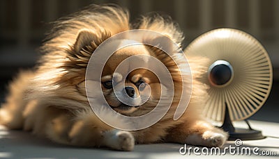 Adorable Pomeranian Dog Cooling Off in Front of a Fan in Summer Stock Photo