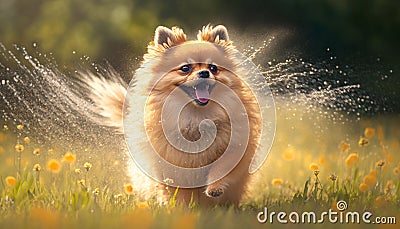 Adorable Pomeranian Dog Getting Sprayed by a Water Sprinkler in a Meadow Stock Photo