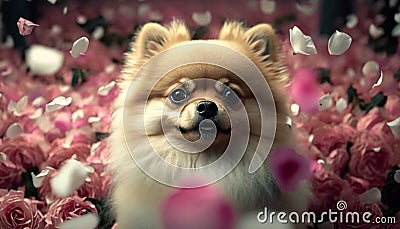 Adorable Pomeranian Dog Sitting in a Sea of Rose Petals Stock Photo