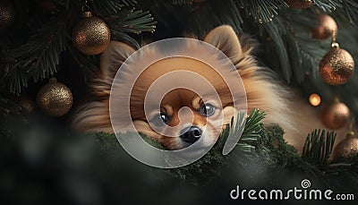 Adorable Pomeranian Dog Sitting Under a Christmas Tree Stock Photo