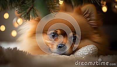 Adorable Pomeranian Dog Sitting Under a Christmas Tree Stock Photo
