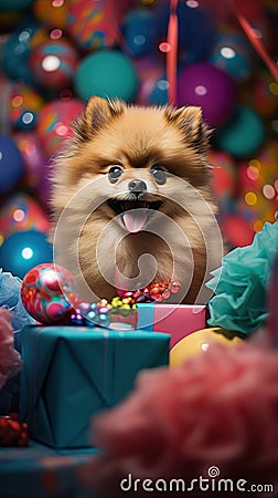 Adorable Pomeranian Strikes Poses Amongst Colorful Christmas Gifts Stock Photo