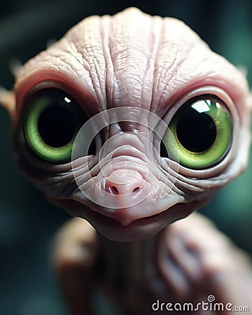 Adorable Portrait of a Cute Pink Alien with Big Green Eyes - Capturing the Whimsy and Fun of Science Fiction Stock Photo