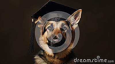 Adorable portrait of a German Shepherd dog wearing university graduation hat Stock Photo