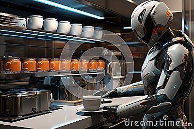 Adorable Precision-engineered android in a stylish kitchen preparing breakfast Stock Photo