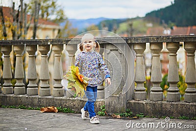 Adorable preschooler girl enjoying nice and sunny autumn day outdoors Stock Photo