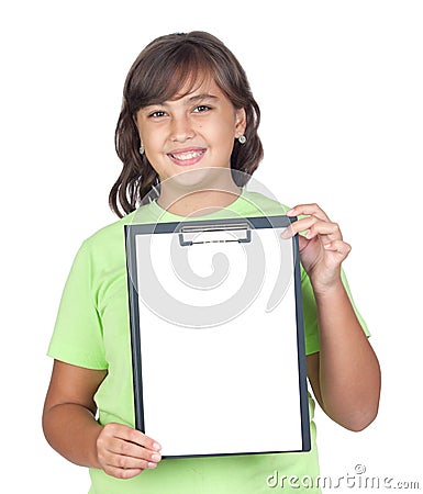 Adorable preteen girl with a blank clipboard Stock Photo