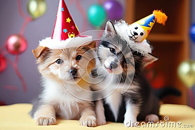 Adorable puppies. Pets in a triangular festive hats. Generative Ai. Stock Photo