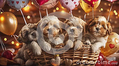 Adorable Puppies in a Valentine's Basket. Stock Photo