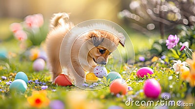 Puppy Amongst Colorful Easter Eggs in Garden Stock Photo