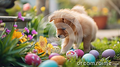 Puppy Amongst Colorful Easter Eggs in Garden Stock Photo