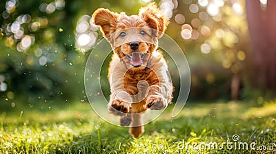 Adorable puppy joyfully playing in lush green grass, happy pet dog basking in nature s beauty Stock Photo
