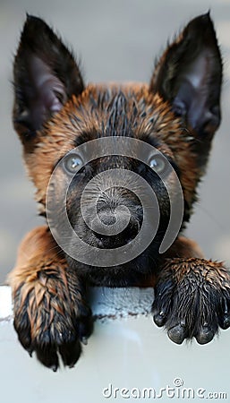 Adorable puppy with paws up peeking on white wood, curious and cute with space for text. Stock Photo