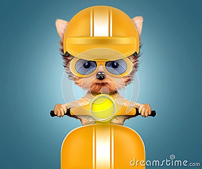 Adorable puppy sitting on a motorbike Cartoon Illustration