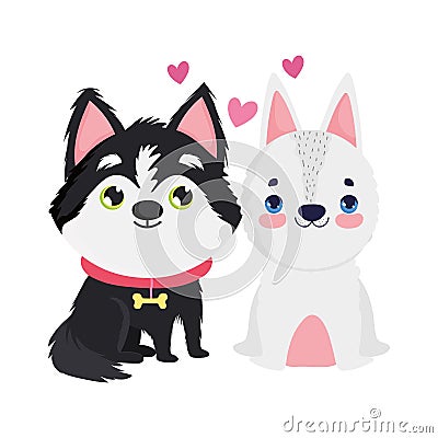 Adorable puppy and white dog sitting cartoon pets Vector Illustration