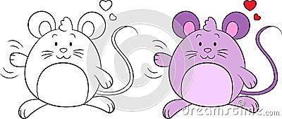 Kawaii before and after illustration of mouse, waving, with hearts, contour an color, for coloring book, or Valentine`s card Vector Illustration