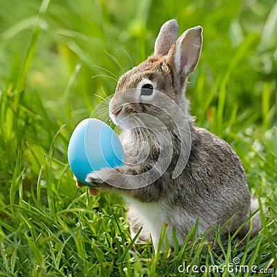 Adorable rabbit holds blue egg, epitomizing Easter holiday charm Stock Photo