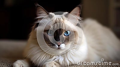 A Ragdoll cat resting on a pillow with droopy eyes created with Generative AI Stock Photo