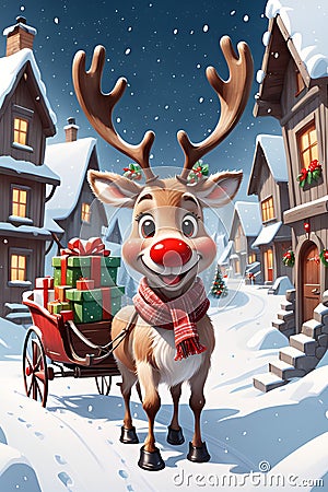 Adorable reindeer with big red nose, scraf, pulls a carriage filled of christmas gift, snowing village, animal, cartoon, printable Stock Photo