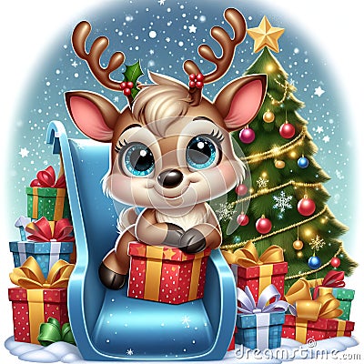 Adorable reindeer in cartoon style with christmas vibe, christmas presents and beautiful christmas tree on a snowing day Stock Photo