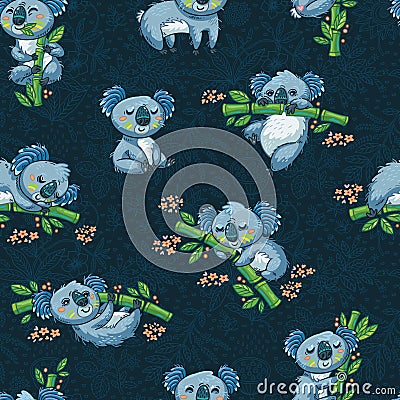 Adorable seamless pattern with cute koalas in cartoon Vector Illustration