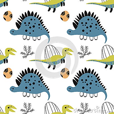 Adorable seamless pattern with funny dinosaurs in cartoon. Ideal for cards, invitations, party, banners, kindergarten Vector Illustration
