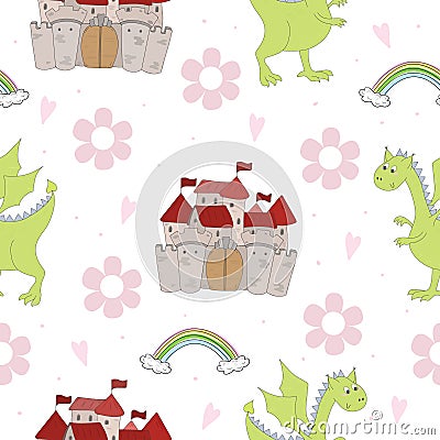 Adorable seamless pattern with funny dragons and castle in cartoon Vector Illustration