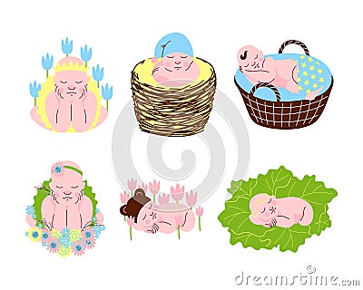 Adorable Sleeping Babies and Newborns Among Blooming Flowers and Wicker Basket Vector Set Vector Illustration