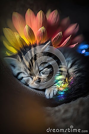 Adorable sleeping baby kitten sleeping in a rainbow field of flowers. Cute kitty with colorful petals. Stock Photo