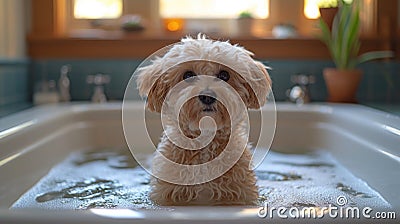 Adorable small dog sitting in a bathtub with a pensive expression Stock Photo