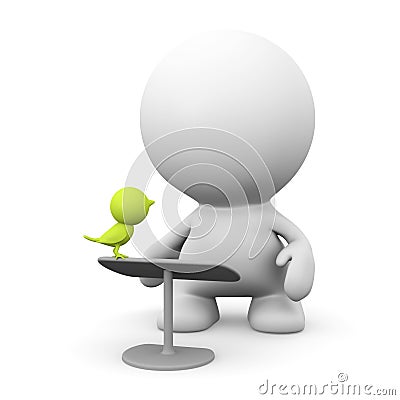 An adorable small yellow bird sitting on a speaker's desk looking at a cute human 3d character in front of a white background Stock Photo