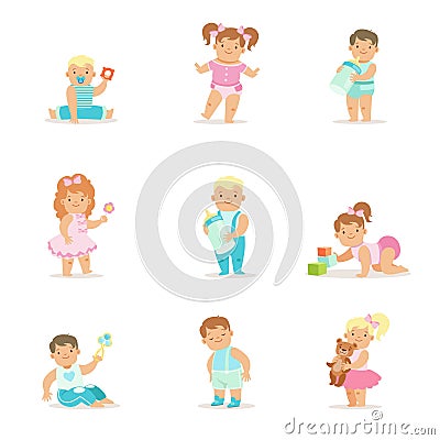 Adorable Smiling Babies And Kids In Blue And Pink Outfits Doing First Steps, Crawling And Playing Set Of Illustrations Vector Illustration