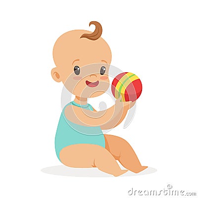 Adorable smiling baby sitting and playing with a ball, colorful cartoon character vector Illustration Vector Illustration