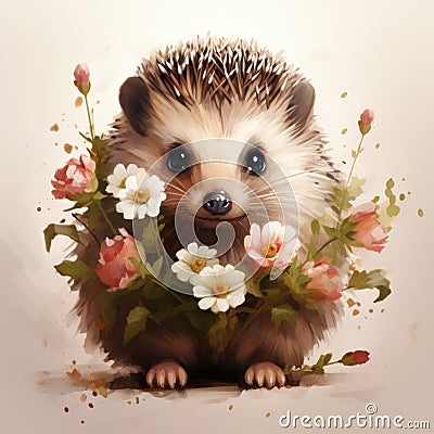 Adorable Spring Hedgehog with Minimalist Flowers on White Background AI Generated Cartoon Illustration