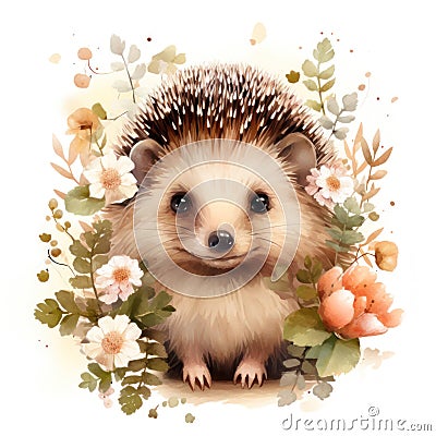 Adorable Spring Hedgehog with Minimalist Flowers on White Background AI Generated Cartoon Illustration