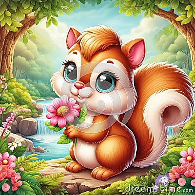 An adorable squirrel in a stunning jungle, holding wildflower with cute face, forest, animal design, nature Stock Photo