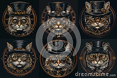 Adorable Steampunk Pet. Cat in Stylish Hat and Goggles Costume Stock Photo