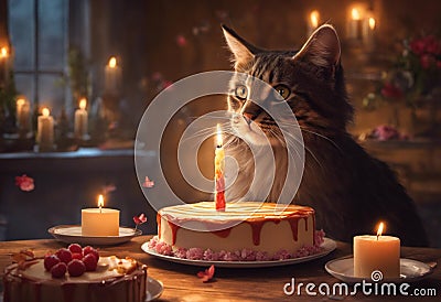 An adorable tabby cat looking at a delicious round birthday cake decorated with a lit candle Cartoon Illustration