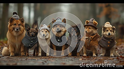 adorable team of cute small breed dogs with hats and coats in the woods Stock Photo