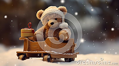 Unbearably Adorable: A Festive Teddy Bear on a Sled with a Surprise Christmas Gift! Stock Photo