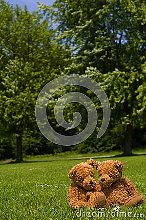 Adorable teddybear couple in the park Stock Photo