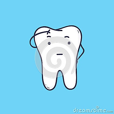 Adorable thoughtful tooth. Cute thinking mascot or symbol for dental or orthodontic clinic. Amusing cartoon character Vector Illustration