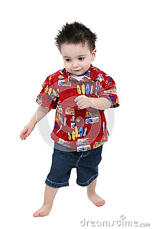 Adorable Toddler Boy In Bright Summer Clothes Barefoot Over Whit Stock Photo