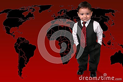 Adorable Toddler Boy In Suit Standing On The World Stock Photo