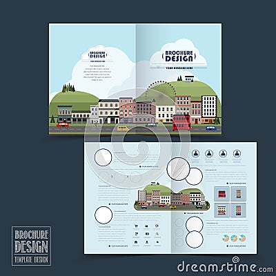 Adorable town scenery half-fold brochure template Vector Illustration