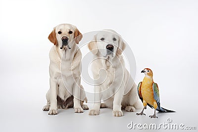 Adorable trio of furry friends, two dogs and a parrot in front of a white background. A touching bond between different pets Stock Photo