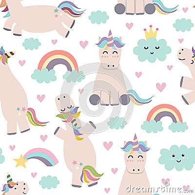 Adorable unicorn, rainbows and clouds seamless pattern Vector Illustration